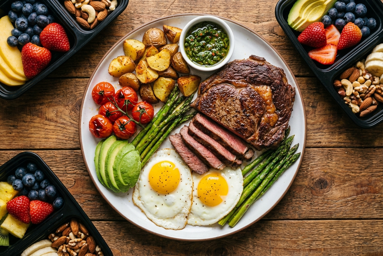 Sliced medium-rare sirloin steak with three sunny-side-up eggs on a dark plate with fresh rosemary