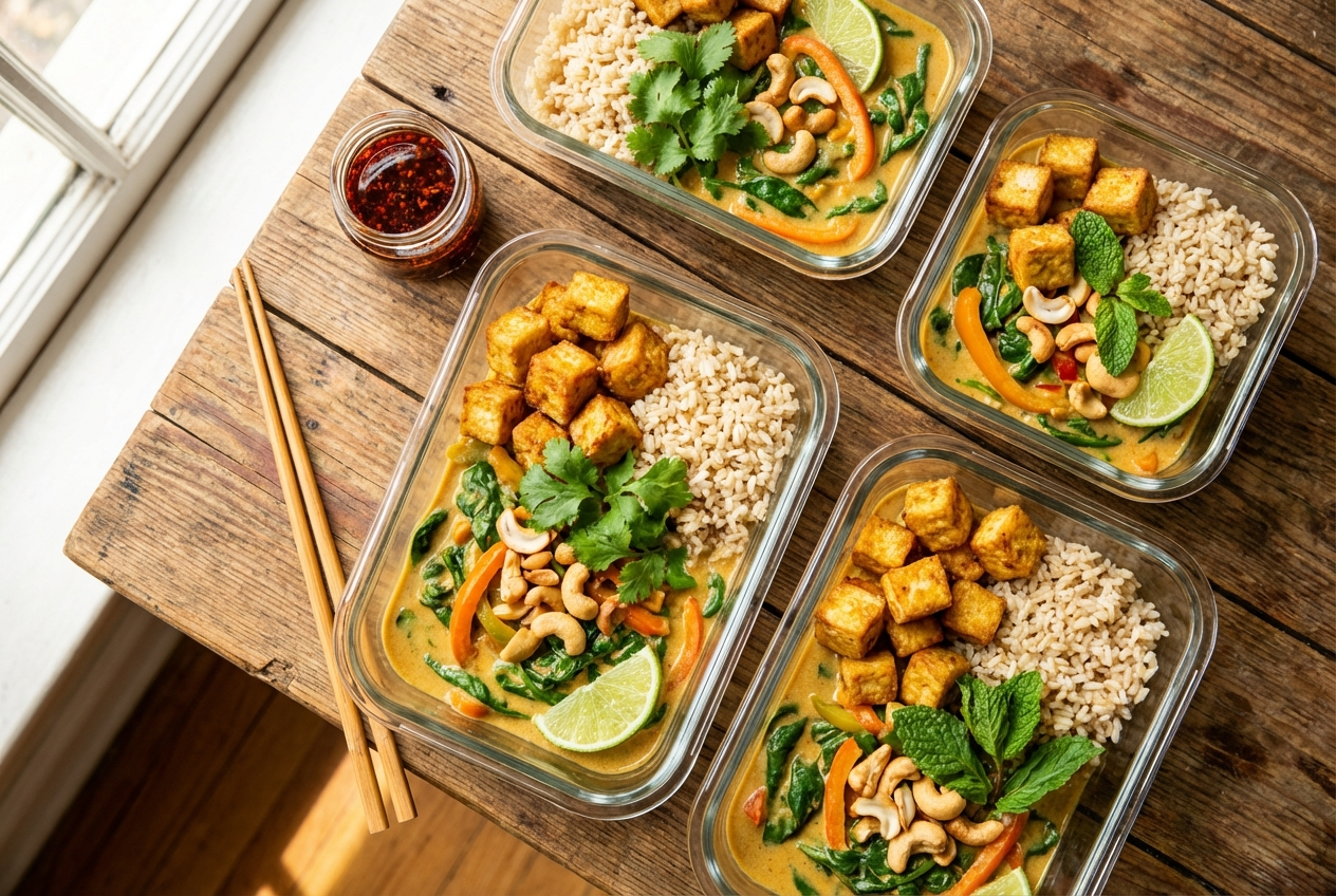Golden crispy tofu cubes in a creamy orange-red coconut curry with broccoli and red peppers over rice