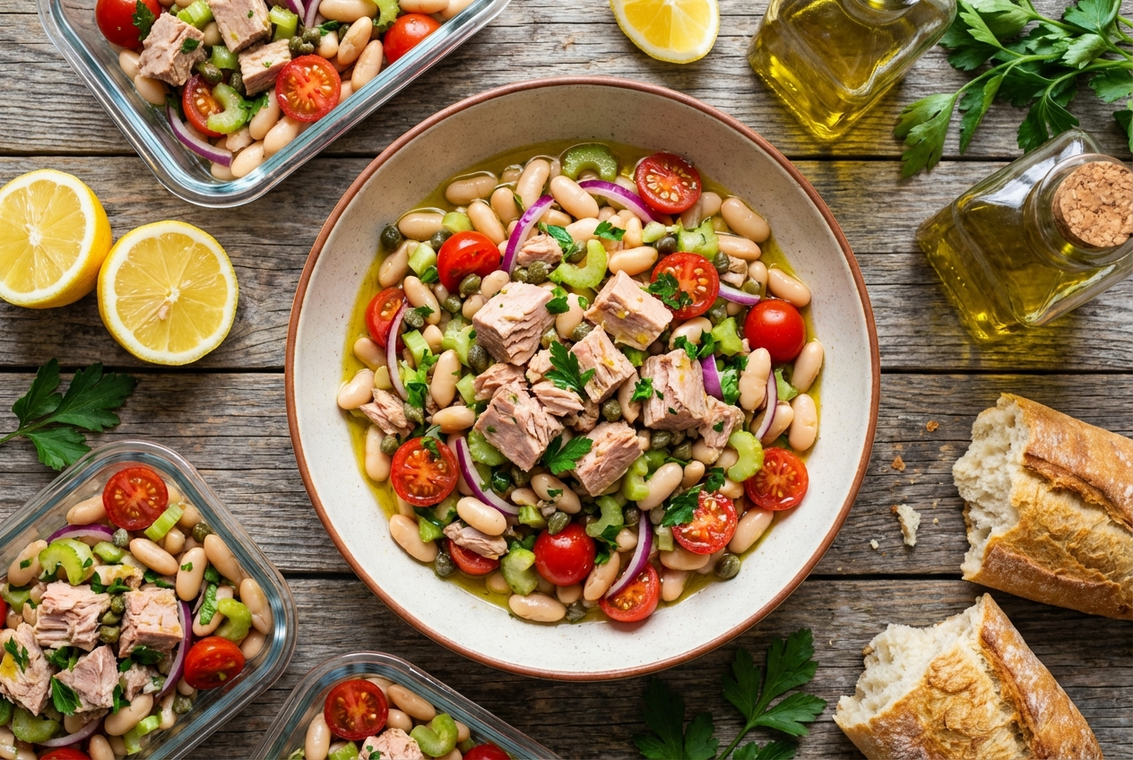 Italian tuna and white bean salad on a bed of arugula with cherry tomatoes and lemon vinaigrette