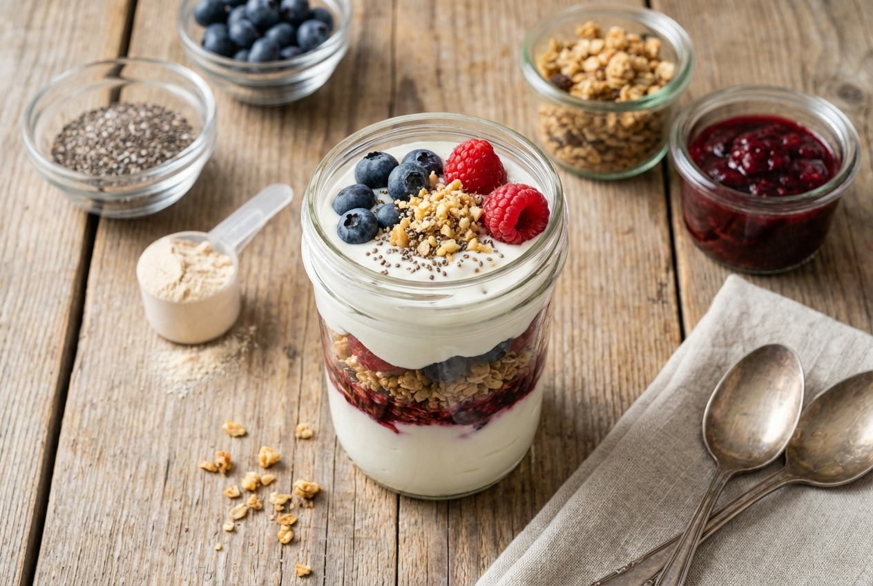 Layered Greek yogurt parfait in a clear glass with blueberries, granola, and coconut shreds