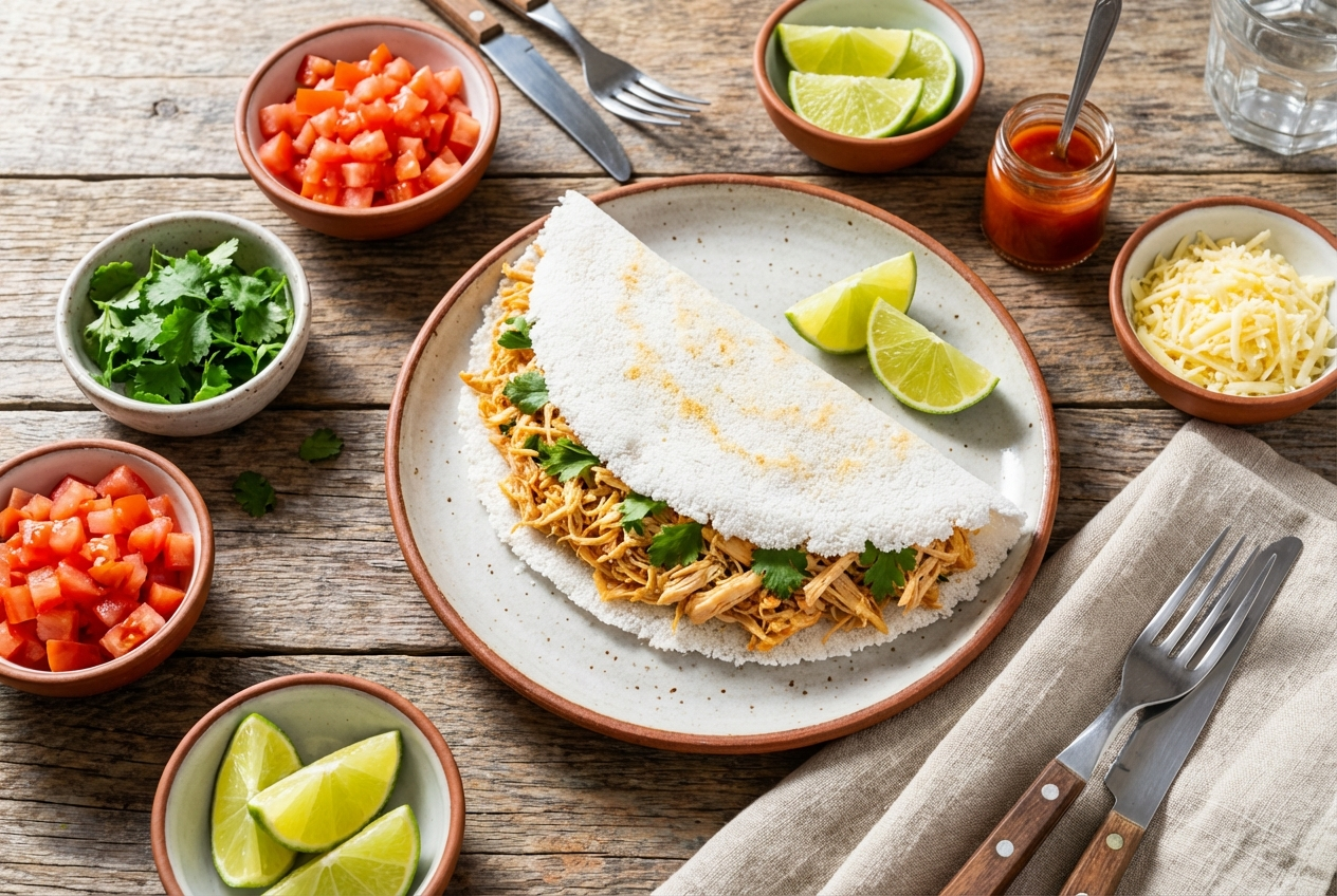 Golden Brazilian tapioca crepe folded over shredded chicken and melted cheese with cilantro garnish