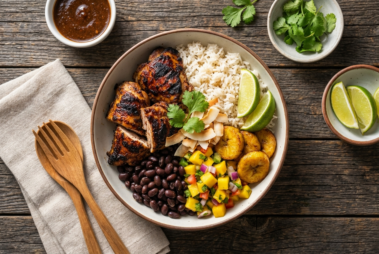 Caribbean jerk chicken sliced over coconut rice with colorful mango salsa in a white bowl