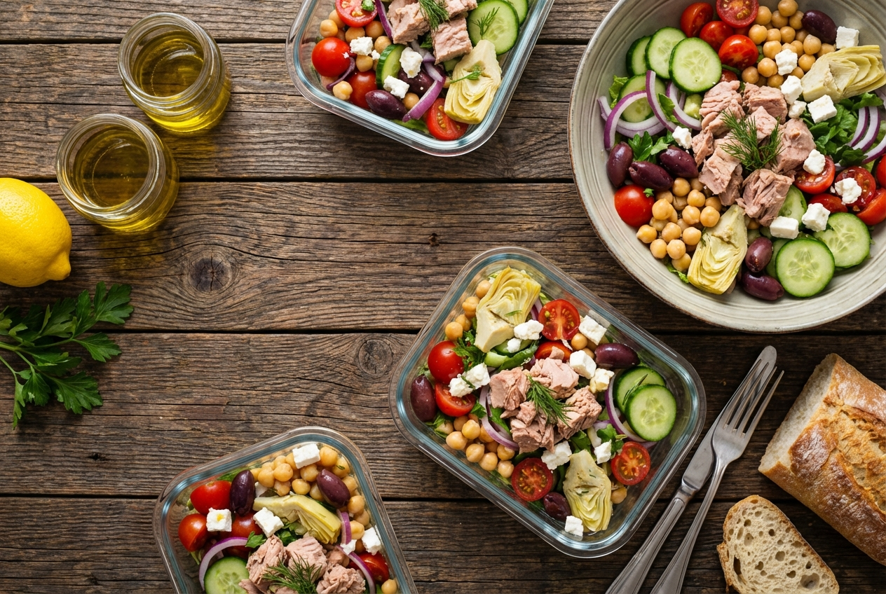 Mediterranean tuna salad with white beans, tomatoes, and capers on a bed of mixed greens