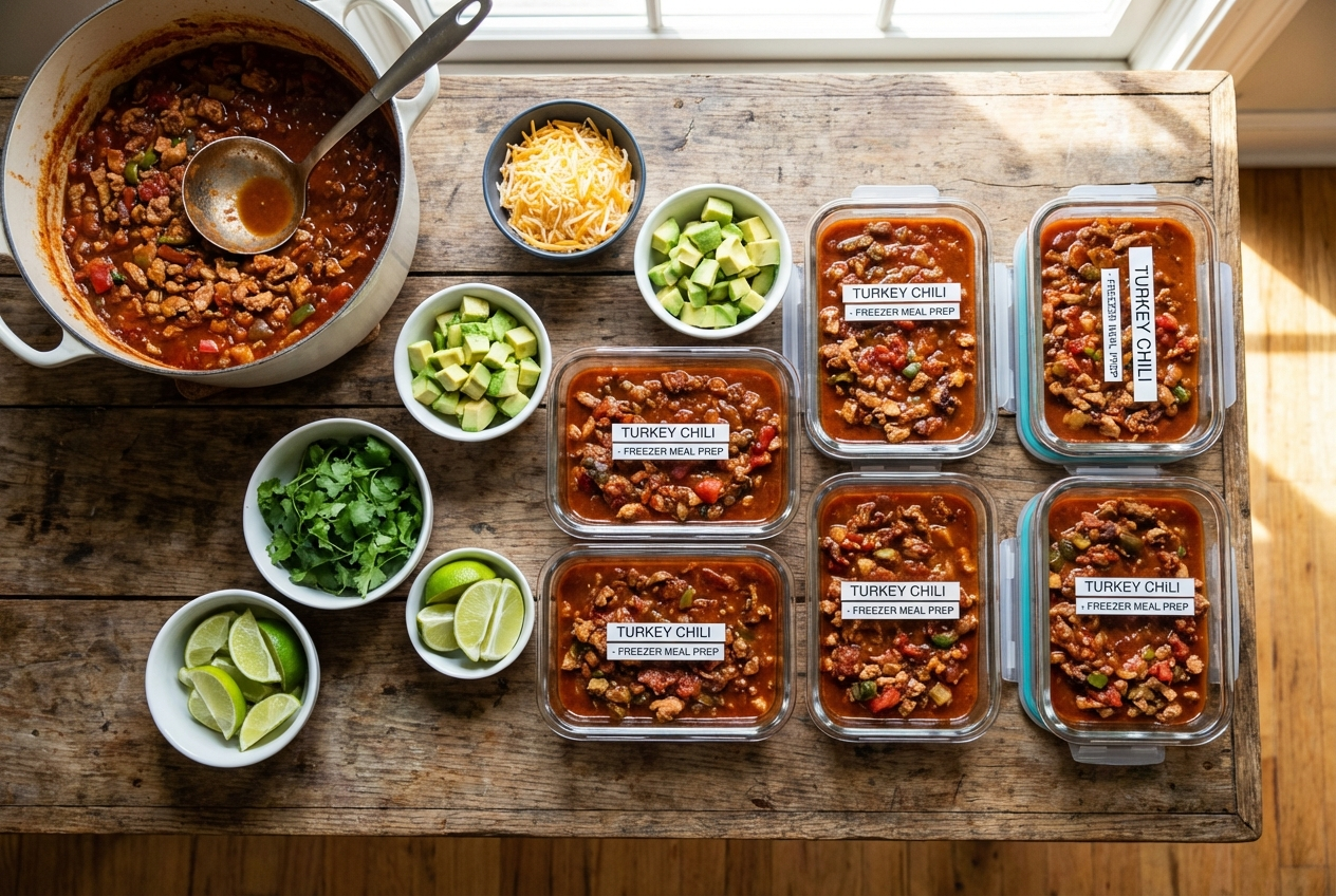 Thick hearty turkey chili in a bowl with visible kidney beans, black beans, and ground turkey