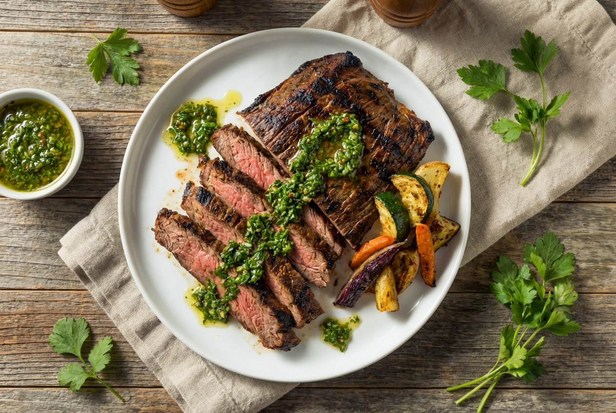 Thinly sliced grilled flank steak on a cutting board generously topped with bright green chimichurri sauce