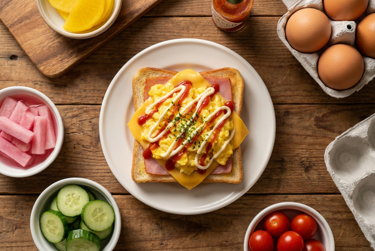 Korean egg toast cut diagonally showing layers of fluffy egg, melted cheese, and golden toasted bread