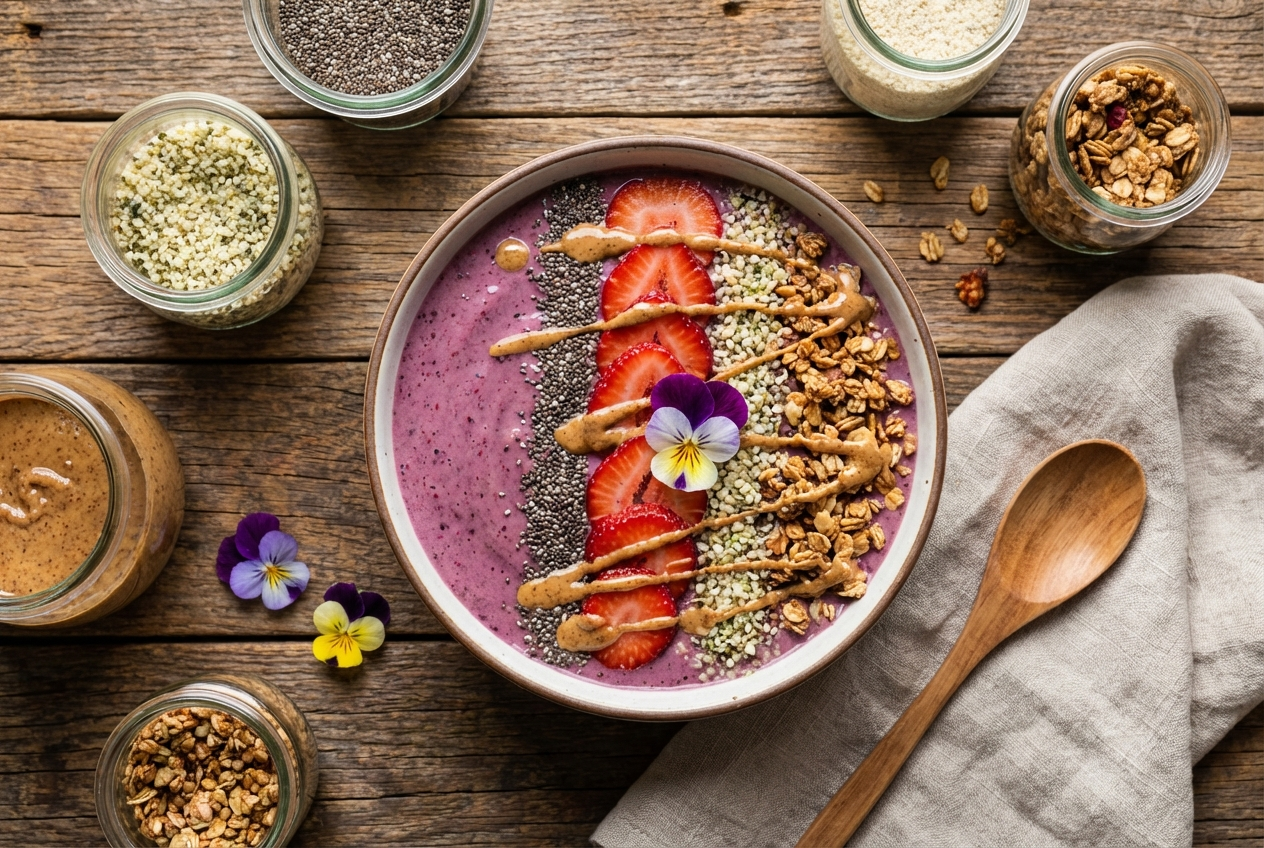 Purple-green smoothie bowl topped with fresh berries, hemp seeds, and granola in a white bowl