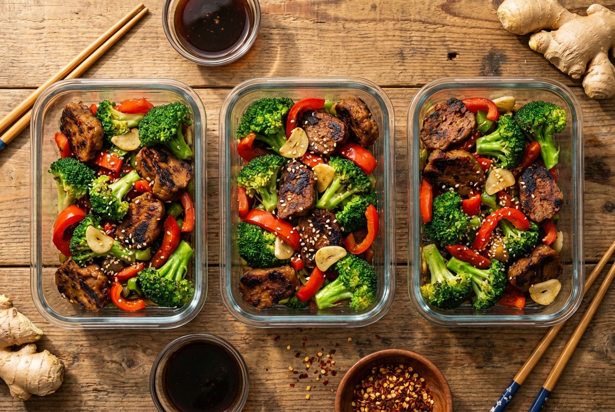 Glossy stir-fried seitan strips and bright green broccoli florets in a savory garlic sauce