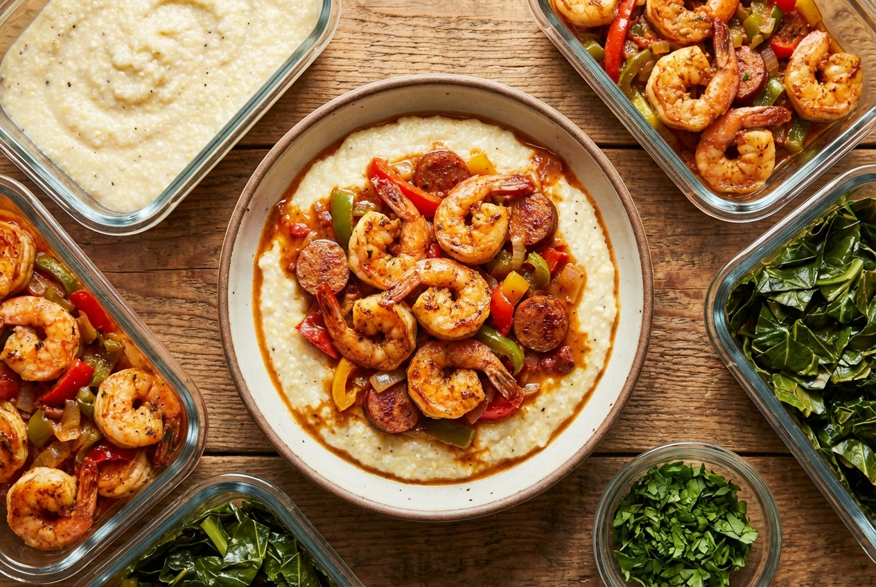 Creamy cheese grits topped with seasoned shrimp and crispy turkey bacon in a rustic bowl