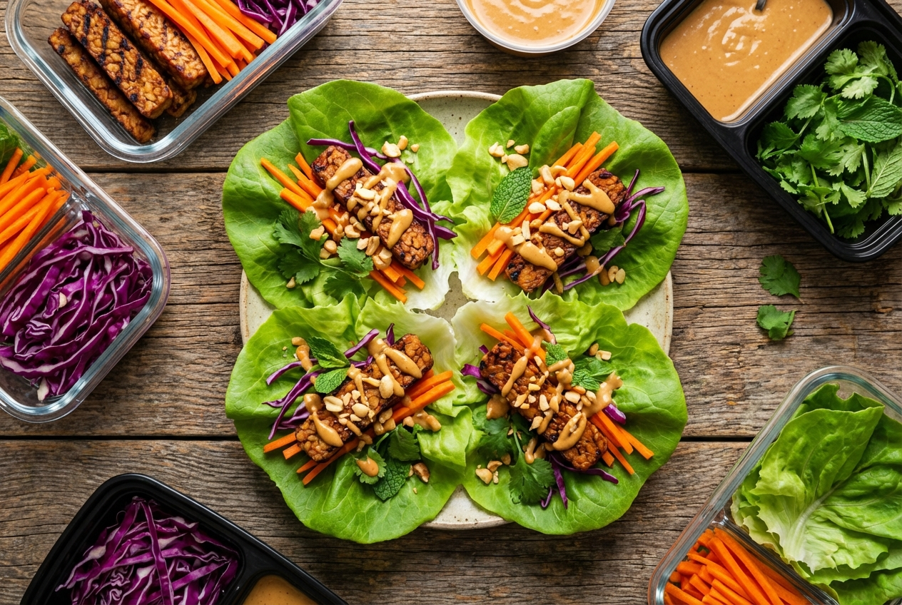 Butter lettuce cups filled with peanut-sauced crumbled tempeh, shredded carrots, and crushed peanuts