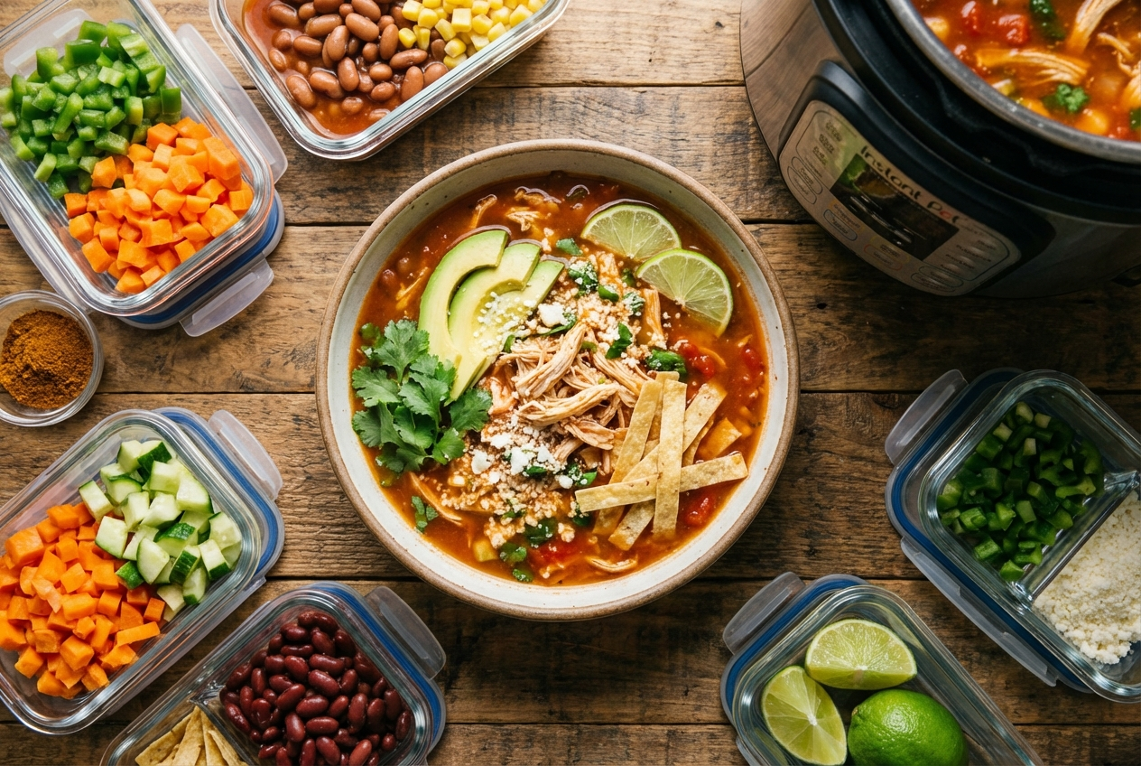 Bowl of chicken tortilla soup topped with crispy tortilla strips, avocado, and cilantro