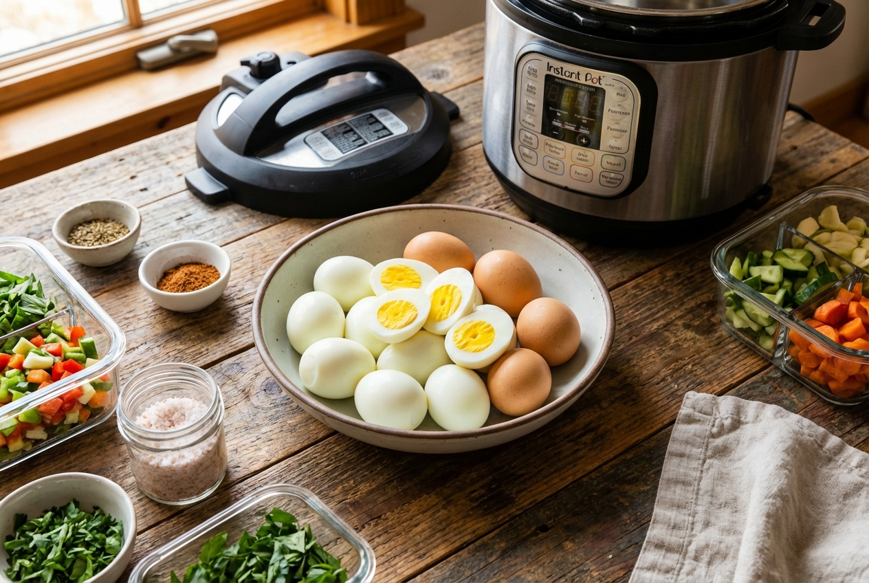 A dozen perfectly cooked hard-boiled eggs, some peeled showing bright yellow yolks