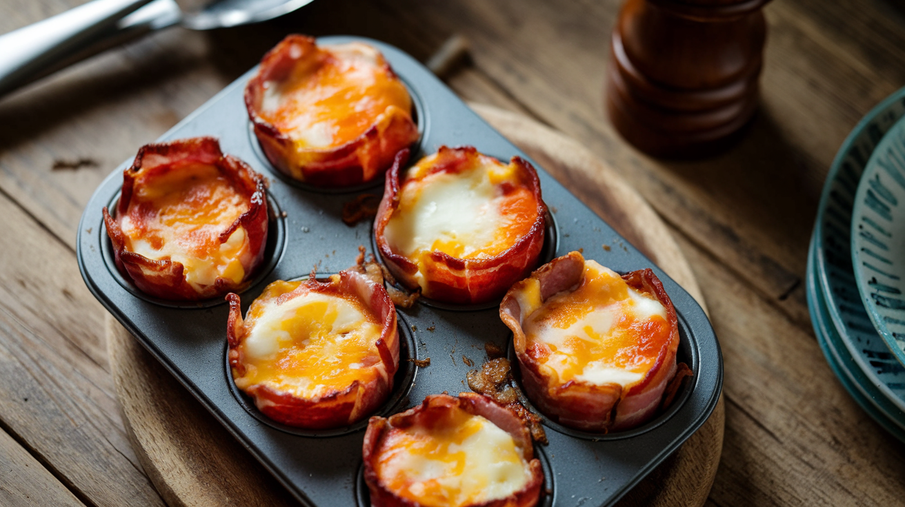 Golden bacon-wrapped egg cups in a muffin tin with melted cheddar cheese on top and chopped chives