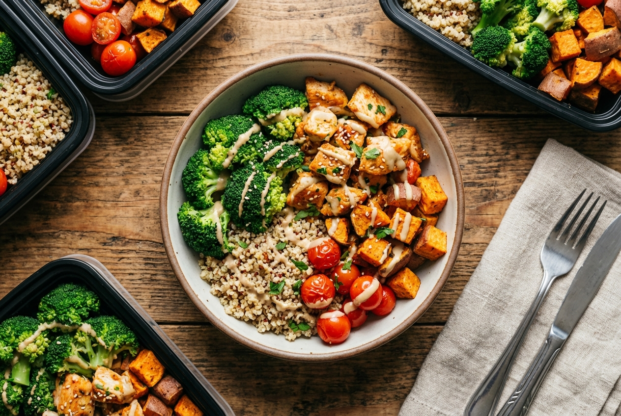 Bowl of chicken and broccoli over rice with a glistening sesame soy sauce