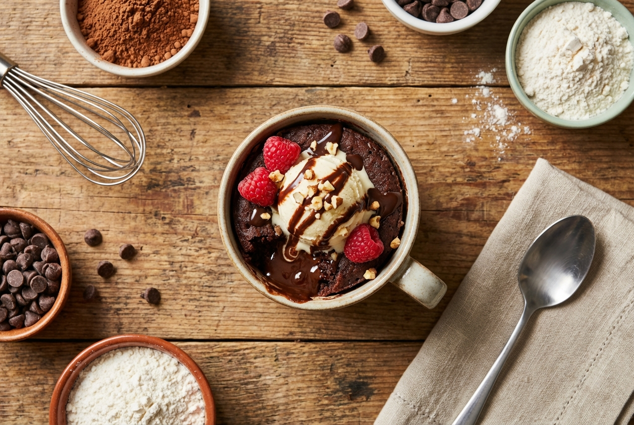 Gooey chocolate mug brownie in a ceramic mug with a spoon showing the fudgy center