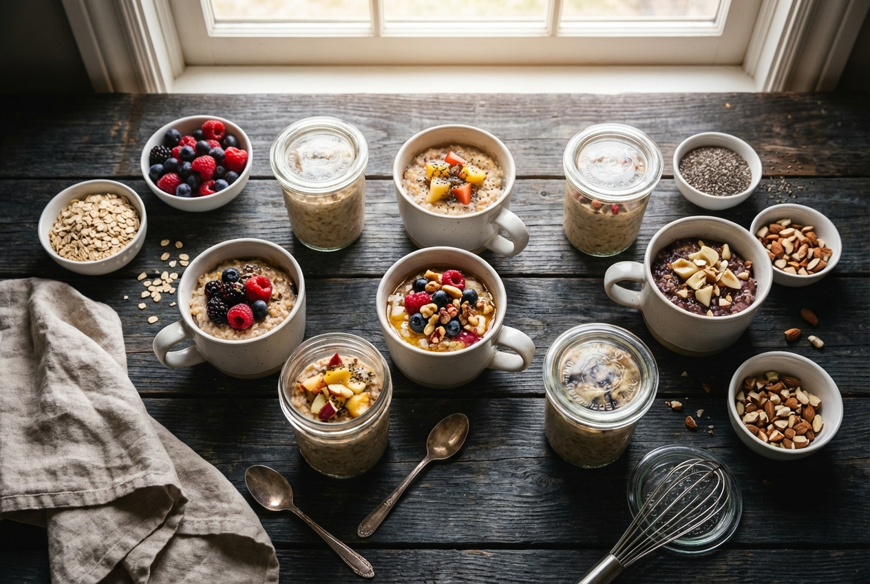 Mason jar filled with dry oatmeal mix showing layers of oats, cranberries, and walnuts