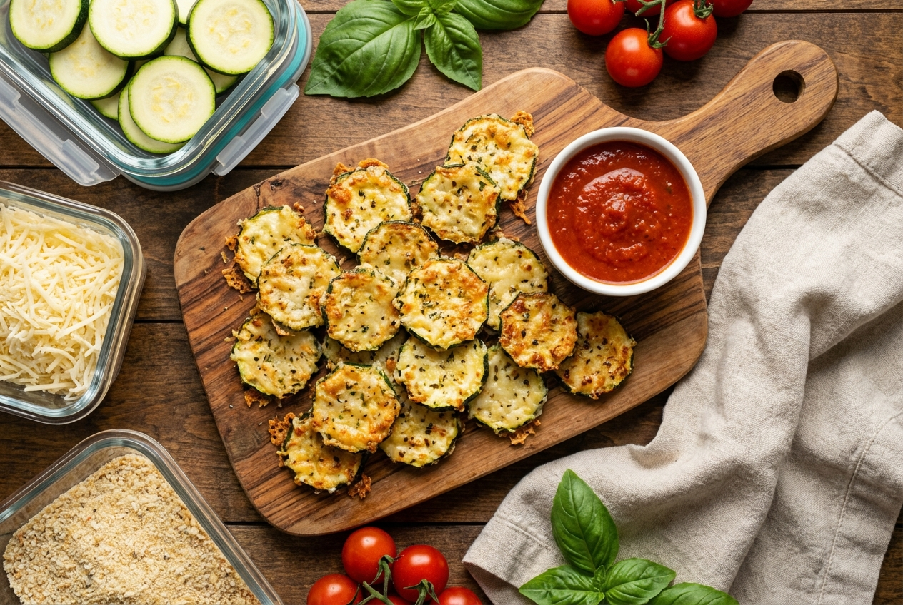 Crispy golden Parmesan zucchini chips arranged on a plate with a small bowl of marinara sauce for dipping