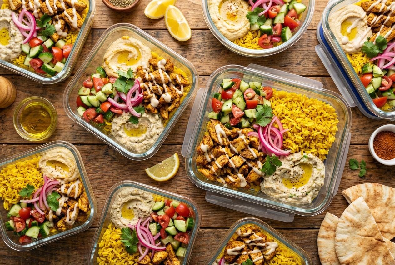 Meal prep bowl with sliced shawarma chicken over basmati rice, fresh cucumber-tomato salad, and a white garlic yogurt sauce