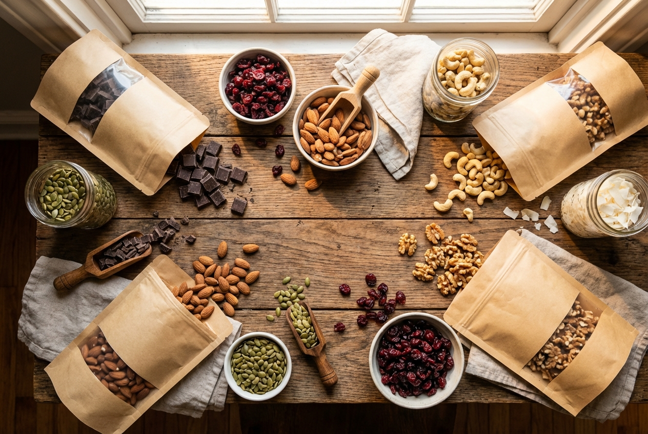 Eight small clear bags of trail mix showing dark chocolate chunks, golden nuts, red cranberries, and white coconut flakes