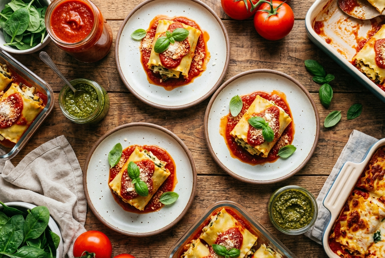 Baking dish of lasagna roll-ups covered in marinara sauce and melted mozzarella cheese with visible spinach and ricotta filling