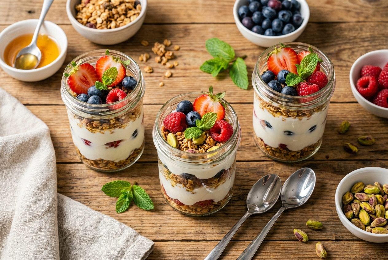 Five mason jars filled with layered Greek yogurt and colorful mixed berries arranged on a kitchen counter