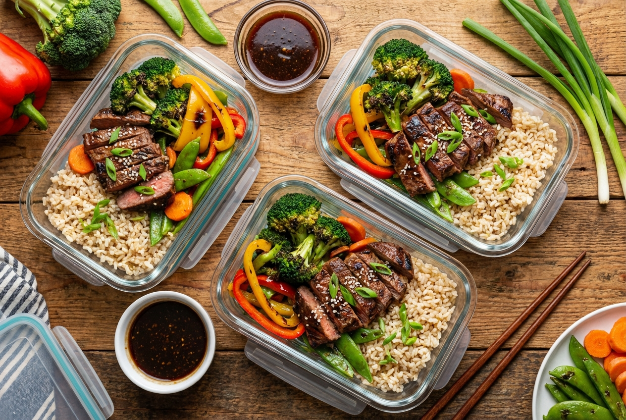 Meal prep bowl with sliced teriyaki-glazed steak, brown rice, grilled broccoli and zucchini, topped with sesame seeds and green onions
