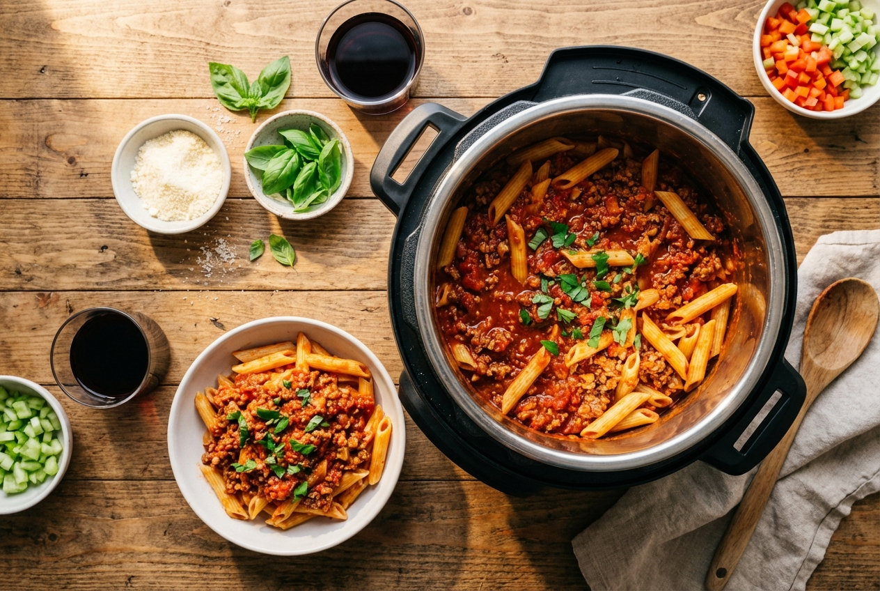 Bowl of penne pasta topped with rich meat Bolognese sauce garnished with fresh basil leaves and grated Parmesan