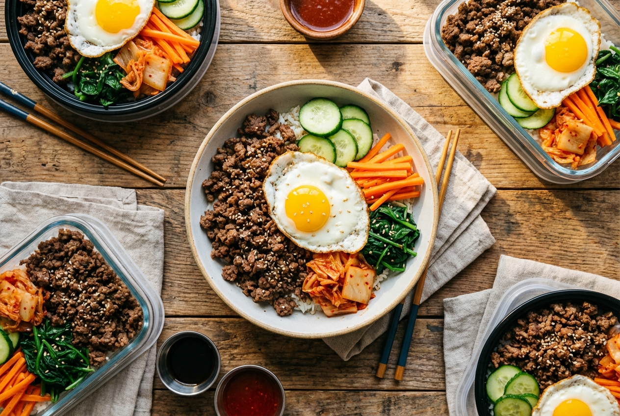 Meal prep container with Korean ground beef in glossy sauce over white rice, topped with sesame seeds, green onions, and sliced cucumber