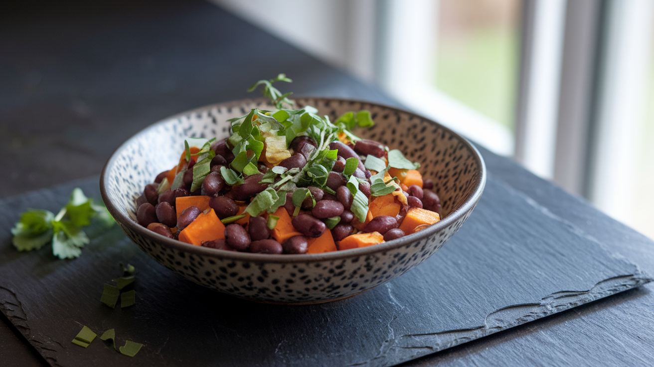 Colorful bowl with roasted sweet potato cubes, black beans, corn, red bell pepper, avocado, and cilantro with lime dressing