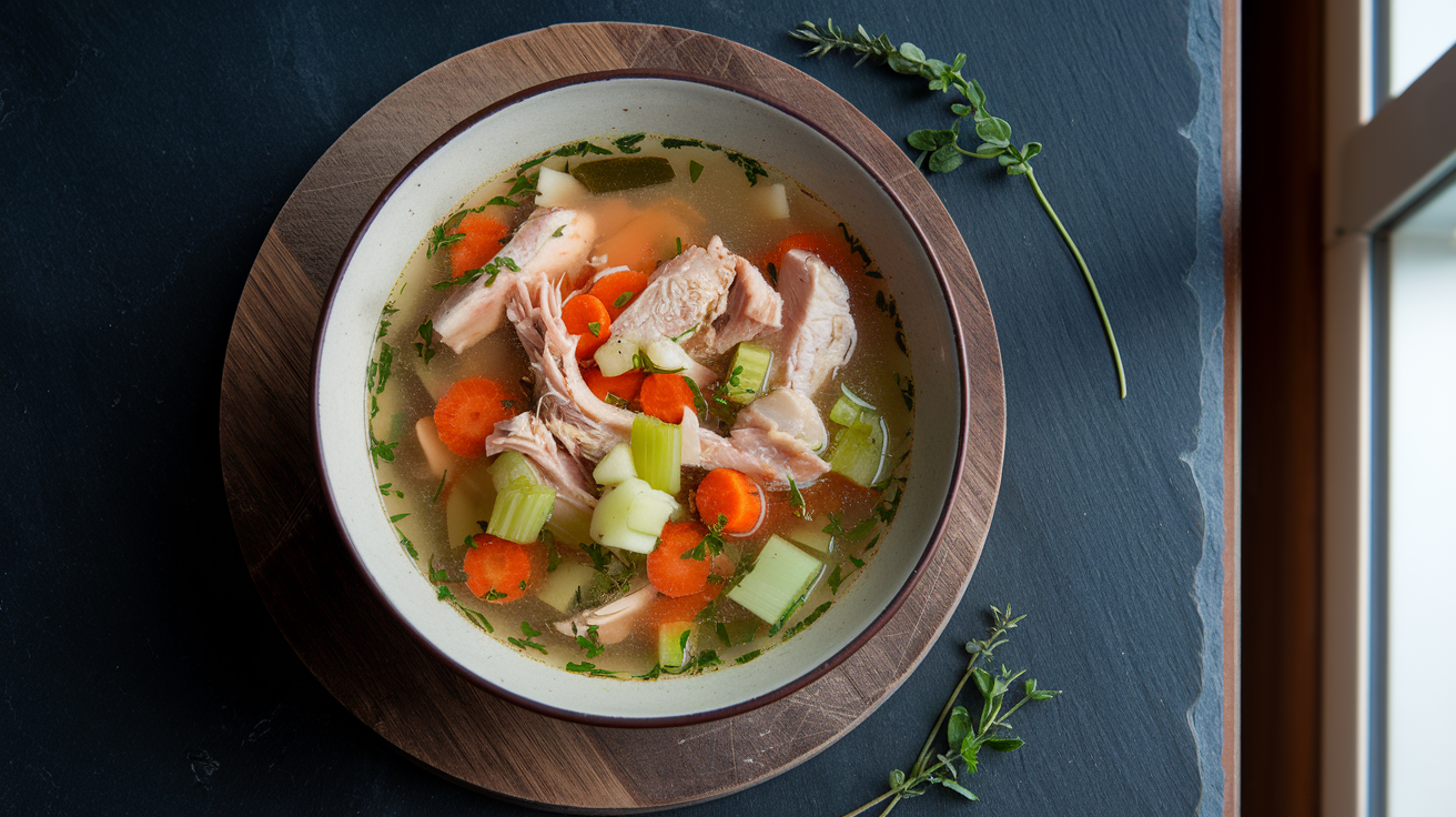Bowl of clear golden chicken vegetable soup with carrots, celery, small pasta, and fresh parsley garnish