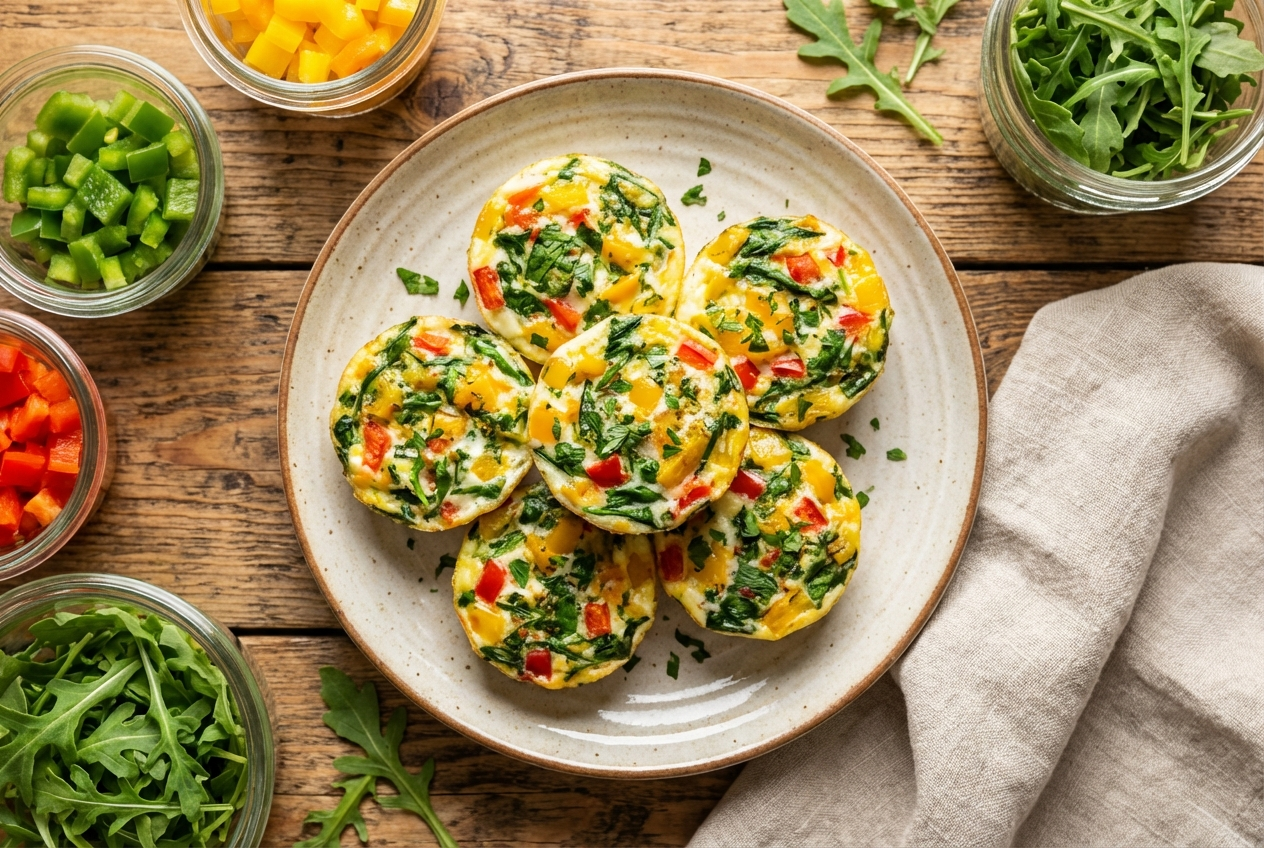 White egg white bites studded with colorful diced peppers, spinach, and a light cheese topping in a silicone muffin mold
