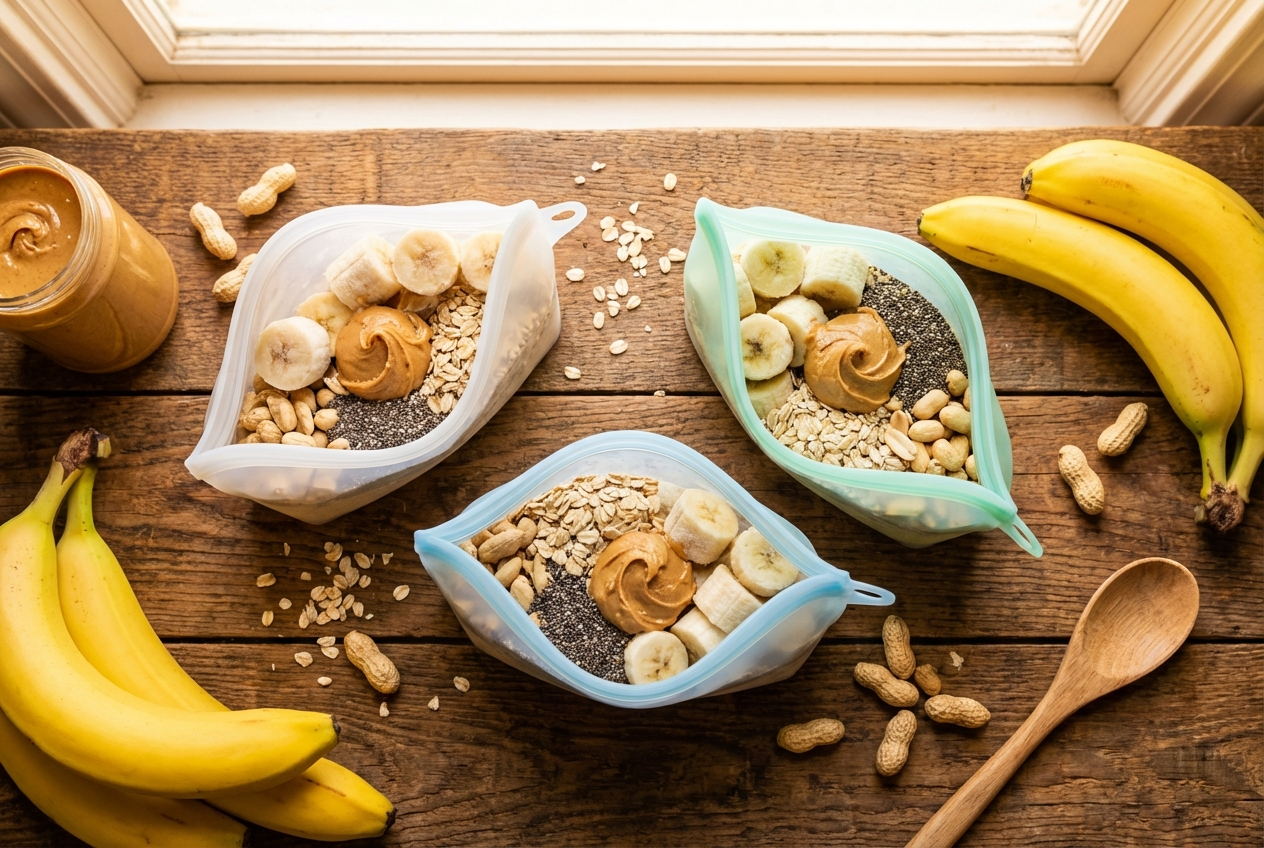 Five labeled zip-top freezer bags filled with banana slices, spinach, and smoothie ingredients laid flat on a cutting board