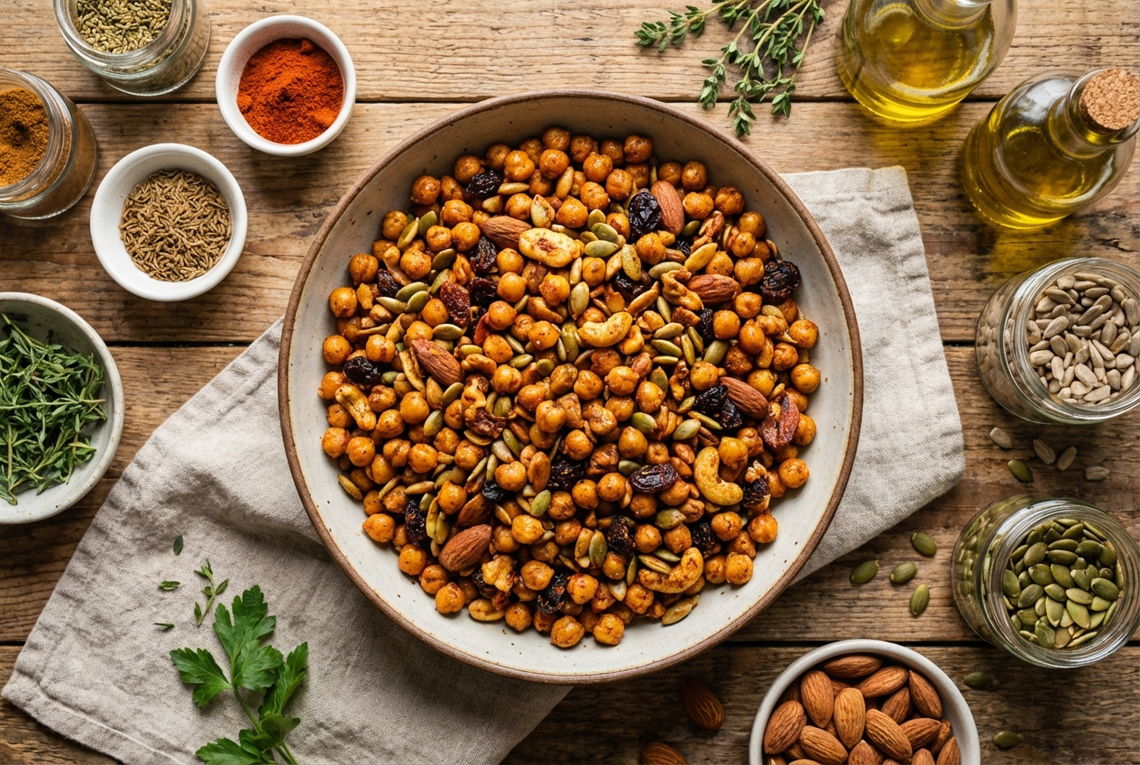 Bowl of golden crunchy roasted chickpeas mixed with almonds and green pumpkin seeds with a dusting of reddish paprika spice