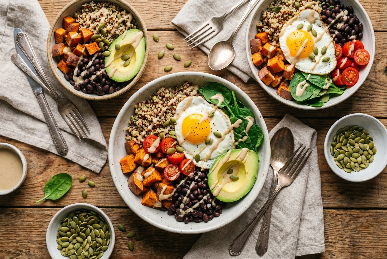 Meal prep bowl of fluffy quinoa topped with roasted zucchini, cherry tomatoes, red onion, and a drizzle of tahini