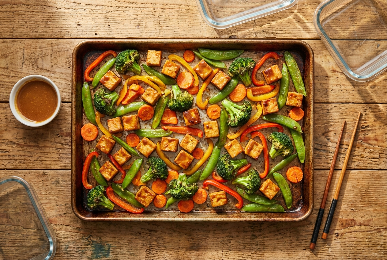 Sheet pan with caramelized miso-glazed tofu planks, roasted sweet potato wedges, and halved bok choy sprinkled with sesame seeds