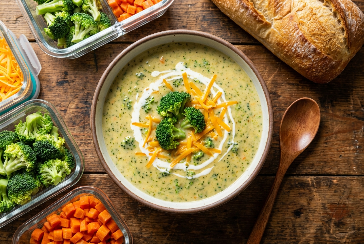 Mason jar filled with creamy broccoli cheddar soup showing visible broccoli pieces in a rich orange-cheese sauce