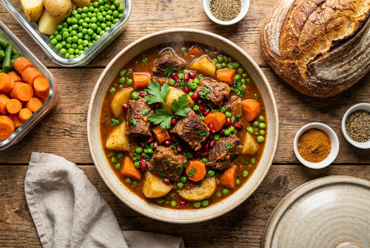 Bowl of rich lamb stew with tender lamb pieces, chunky carrots, potatoes, and a thick herb-infused gravy