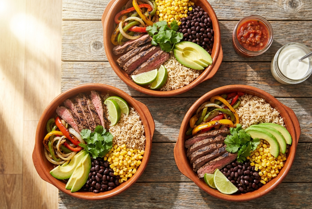 Meal prep bowl with thinly sliced grilled steak, charred peppers and onions, and fluffy cilantro-lime rice