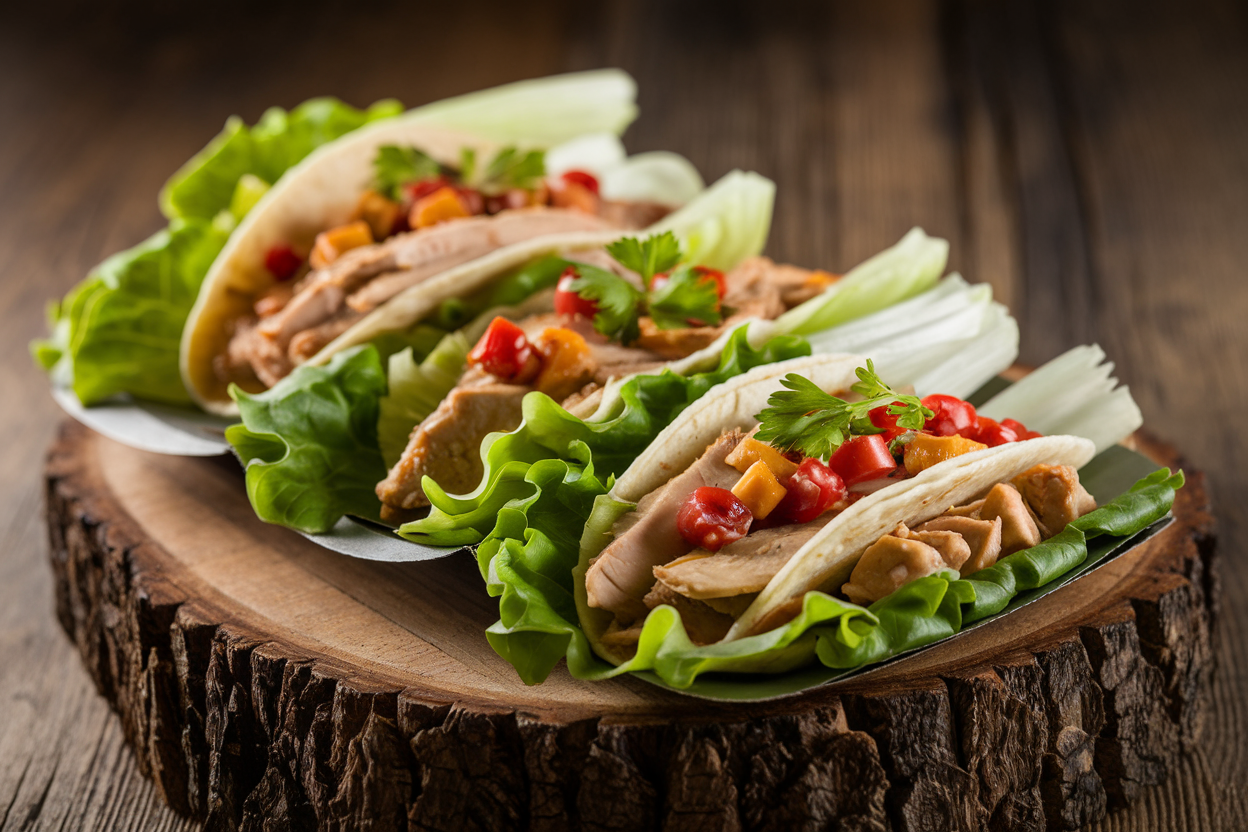 Bento box with compartments containing seasoned turkey taco meat, green butter lettuce cups, diced tomatoes, shredded cheese, and sour cream