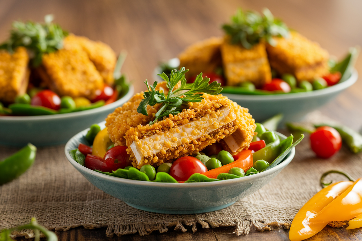 Bowl of golden crispy air-fried tofu cubes over jasmine rice with quick-pickled carrots and cucumber, drizzled with spicy mayo
