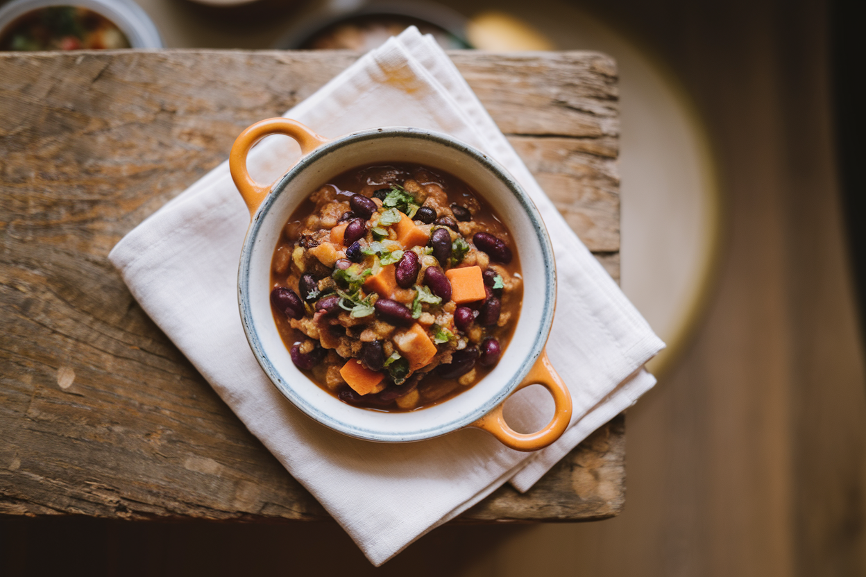 Thick, richly colored black bean and sweet potato chili in a white bowl topped with sliced avocado and cilantro