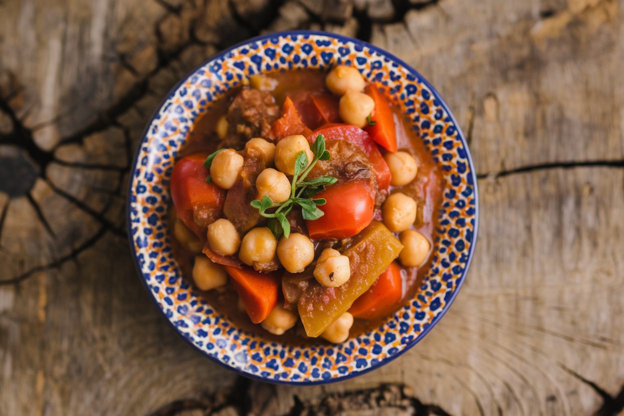Warm golden Moroccan stew in a tagine-style bowl with visible chickpeas, diced apricots, and fresh cilantro