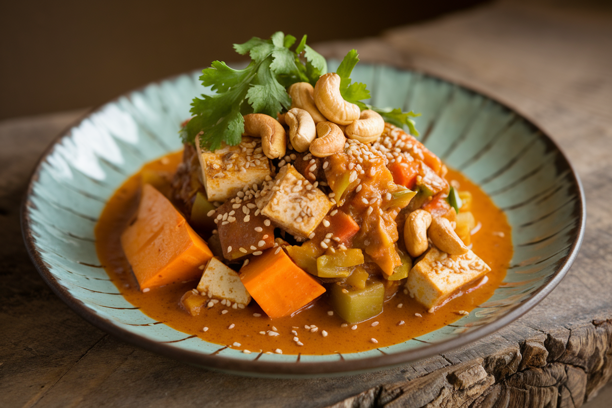 Rich orange-red Thai curry with chunks of sweet potato and chickpeas in a coconut milk sauce, garnished with fresh basil