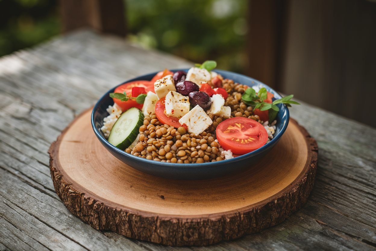 Mediterranean lentil bowl with fluffy rice, diced cucumber, cherry tomatoes, olives, and a lemon-herb dressing