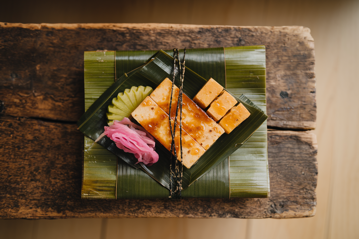 Neatly arranged bento box with glazed teriyaki tofu slices, sesame-sprinkled rice, bright green edamame, and pink pickled ginger