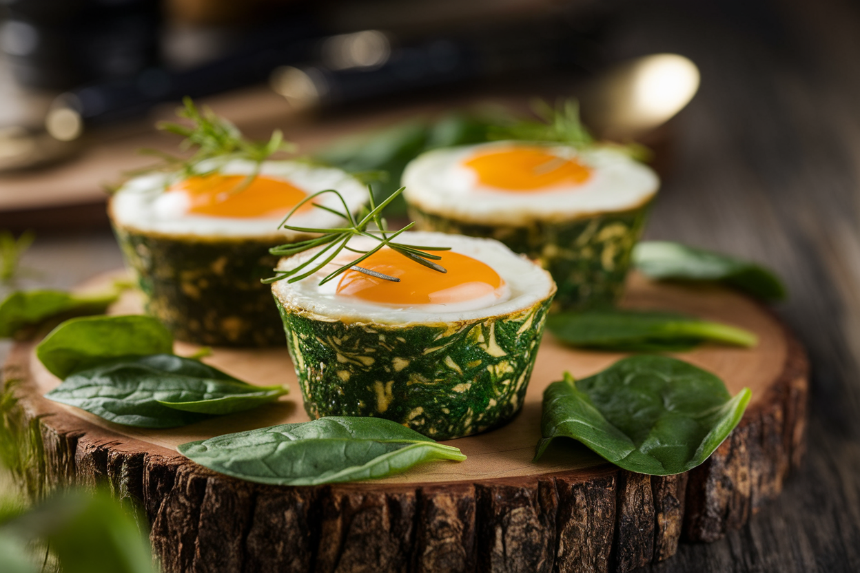 Fluffy spinach egg cup in a white ceramic mug with visible flecks of green spinach and diced tomato