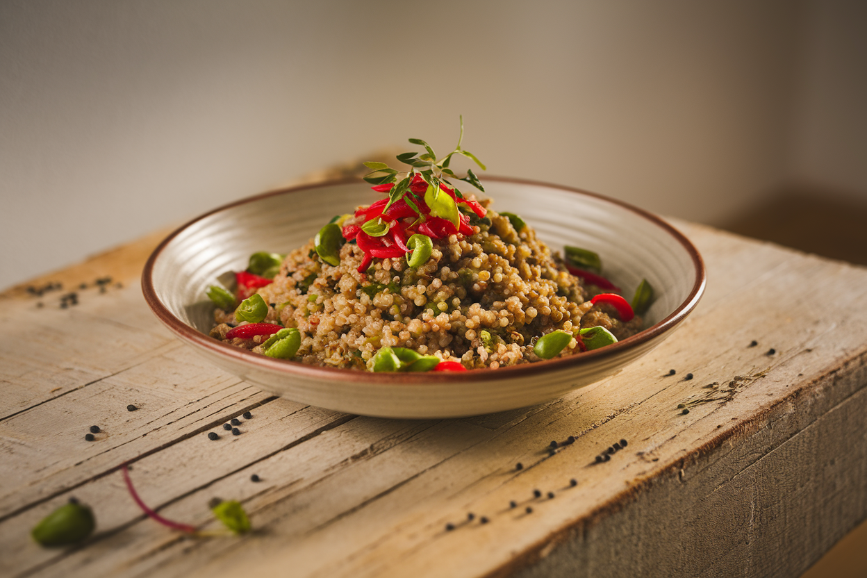 Hearty bowl of spiced lentils and quinoa topped with deeply caramelized onions and fresh parsley