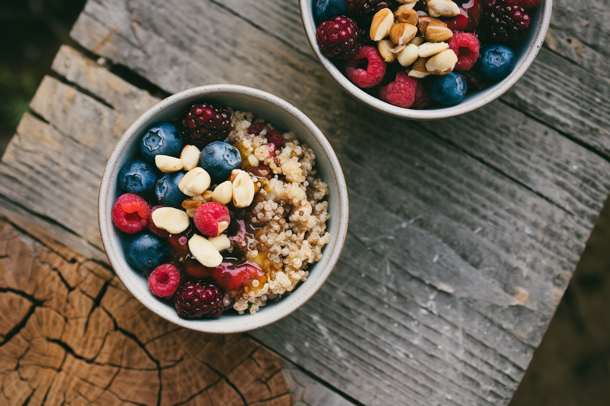 Five glass mason jars filled with creamy overnight quinoa topped with colorful mixed berries and sliced almonds