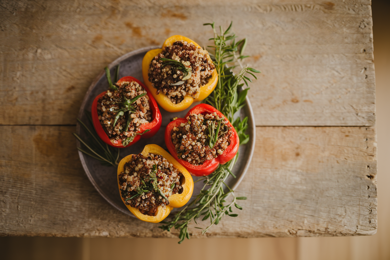 Six colorful quinoa-stuffed bell peppers in a baking dish, showing the quinoa, black bean, and corn filling