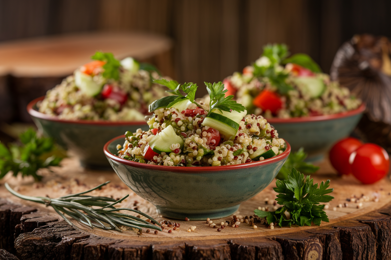 Vibrant quinoa tabbouleh bowl filled with fresh parsley, diced tomatoes, cucumber, and a lemon wedge